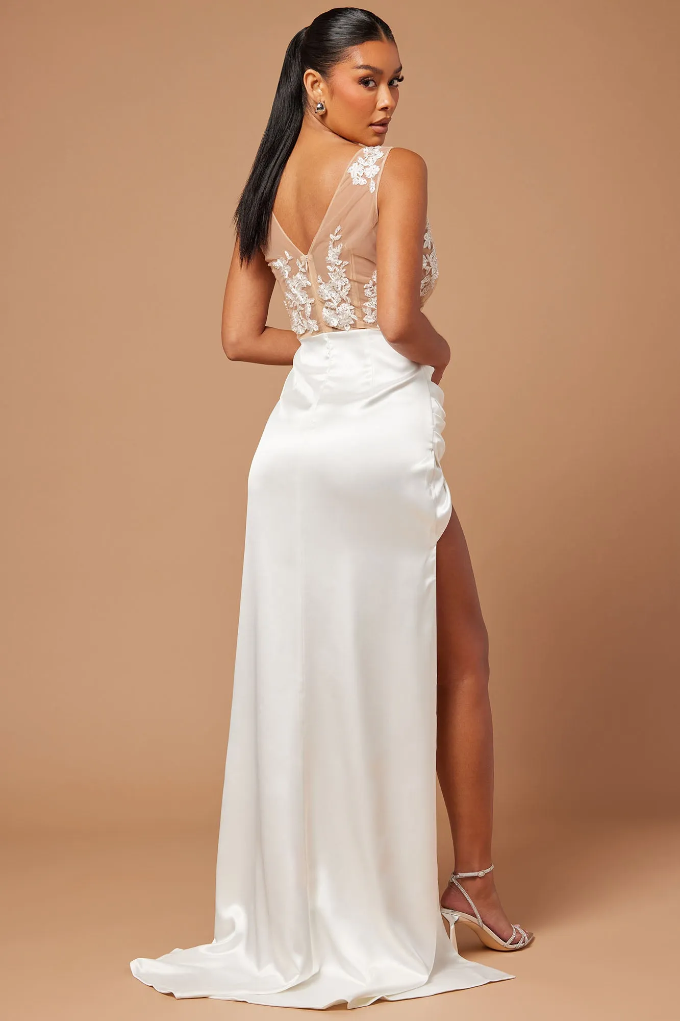 Arabelle Satin Embroidered Gown - White