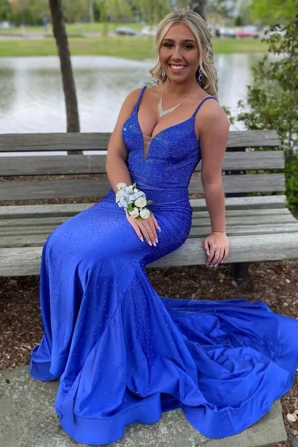 Beaded Royal Blue Mermaid Long Prom Dress