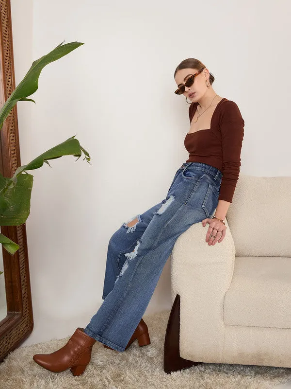 Berrylush Women Solid Blue High-Rise Waist Four-Pocket Cotton Straight Leg Distressed Regular Jeans