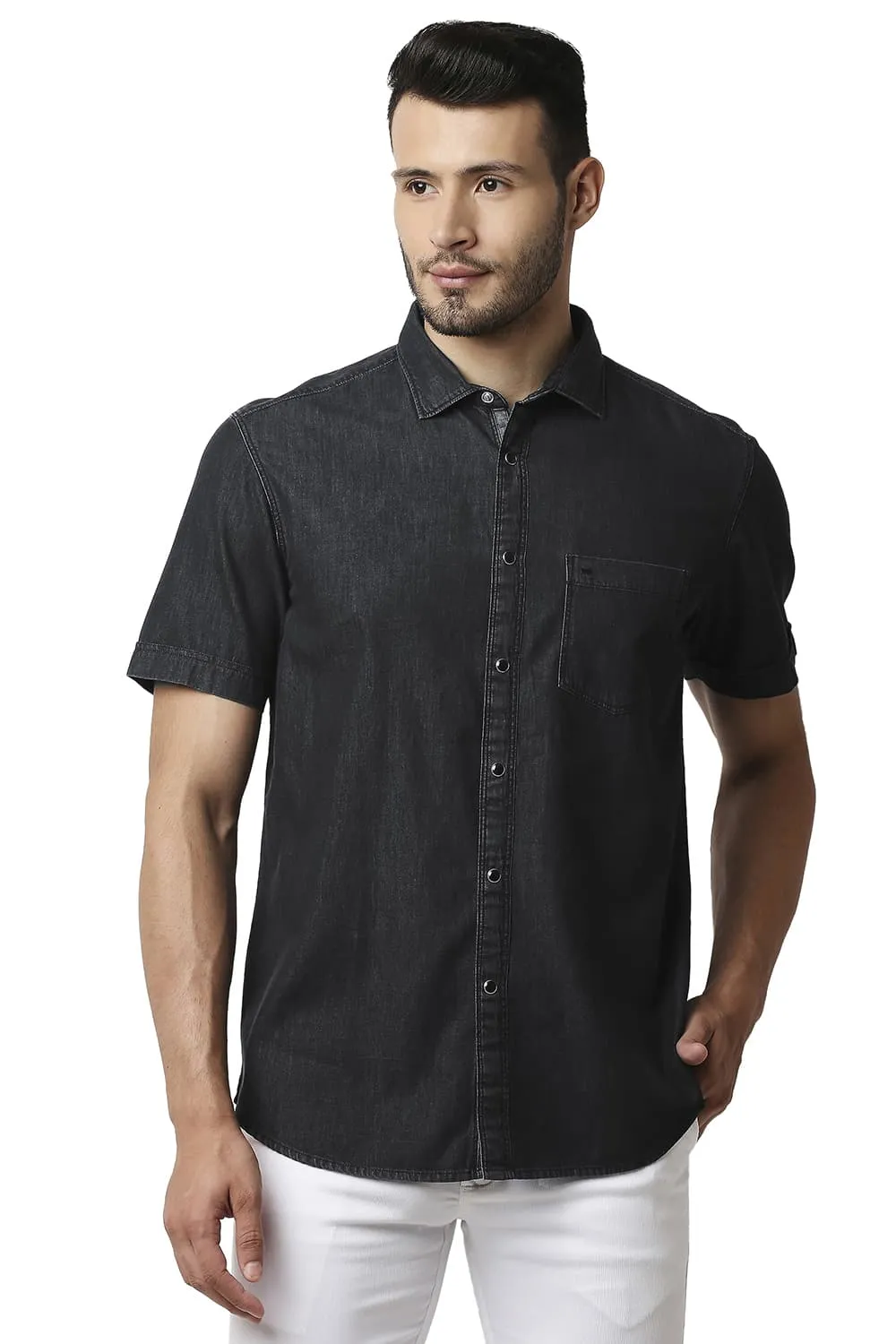 Cotton Polyester Indigo Printed Halfsleeves Shirt