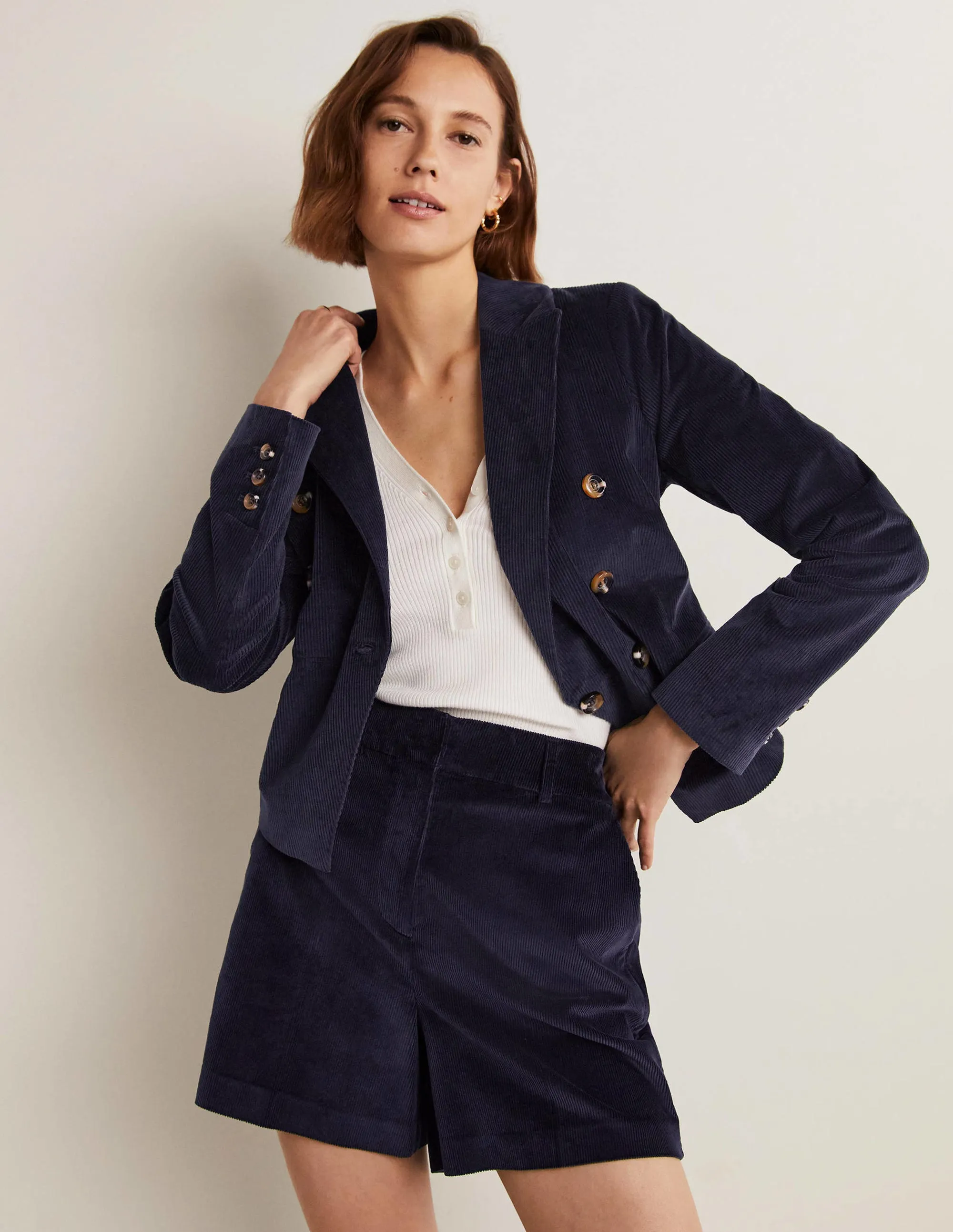 Double Breasted Cord Blazer-Navy