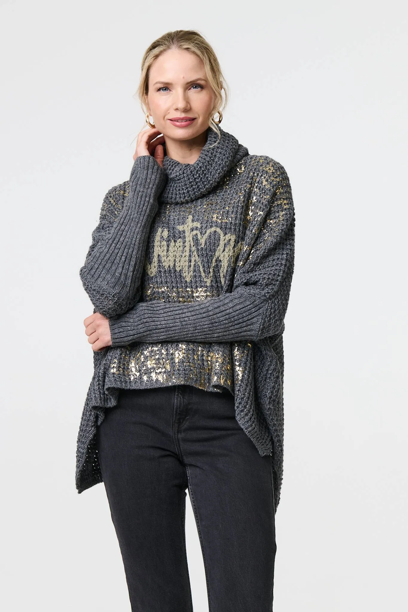 Graphic Print Metallic Roll Neck Jumper
