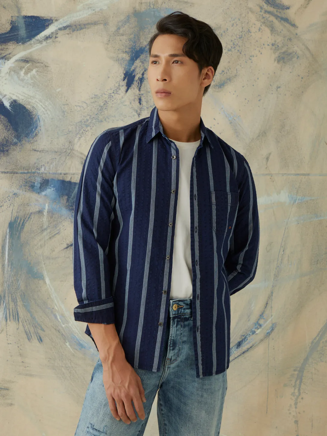 Navy Striped Denim Shirt