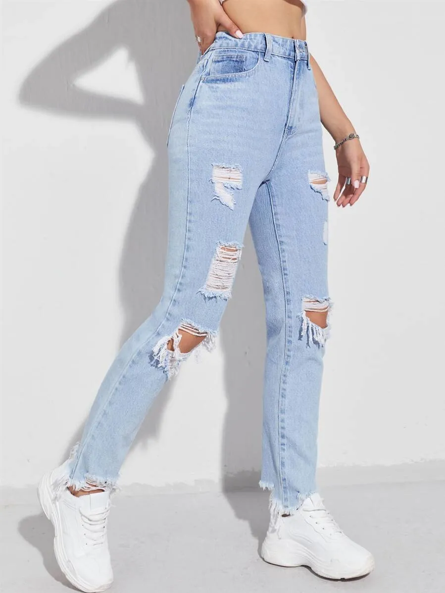 Ripped Raw Hem Mom Jeans