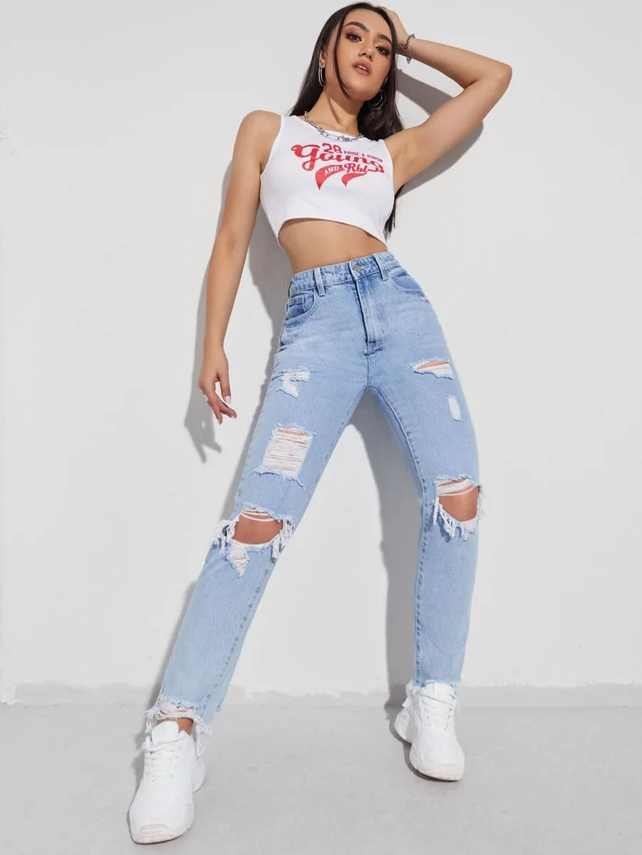 Ripped Raw Hem Mom Jeans