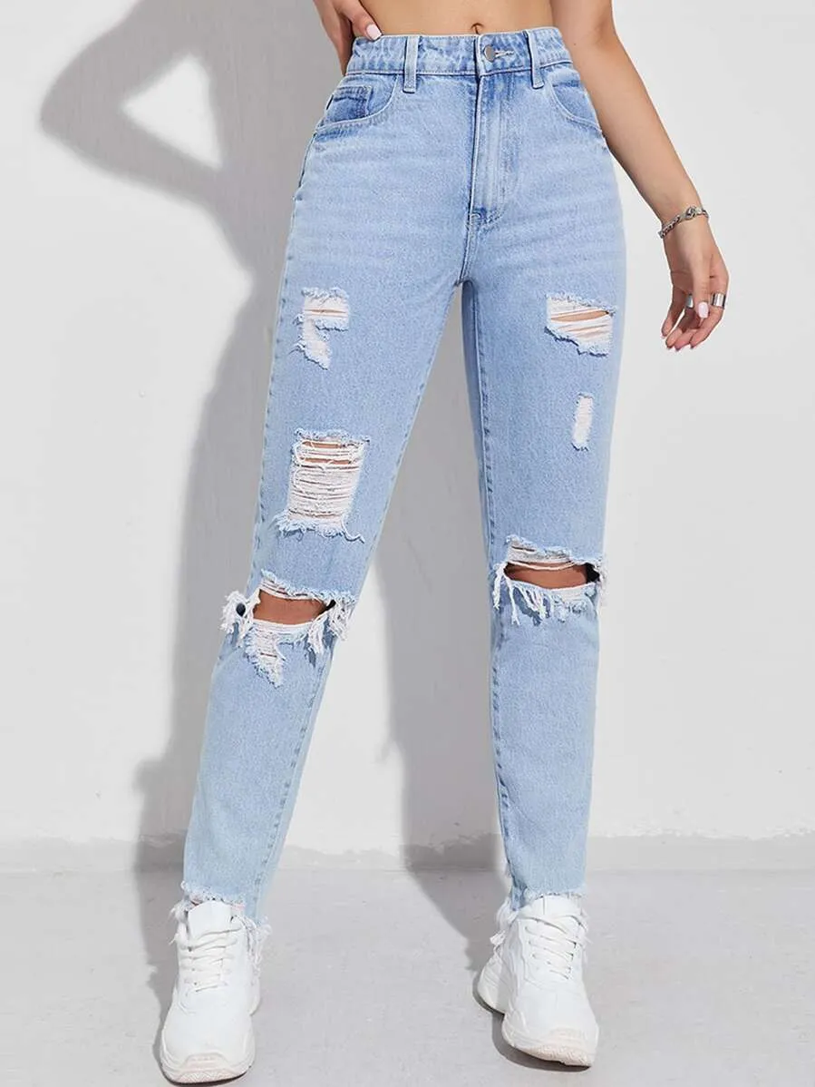 Ripped Raw Hem Mom Jeans