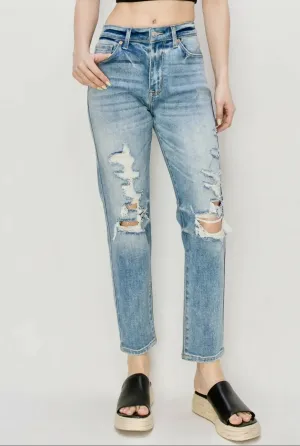 River HR Stretch Distressed Mom Jeans