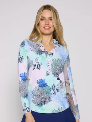 UPF 50  Ruffle V Neck Top In Blue Coral