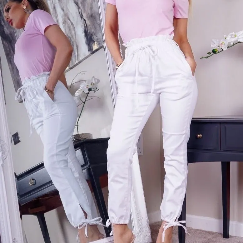 White Paperbag Waist Tie Up Hem Jeans