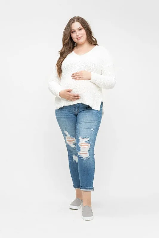 Women's distressed Denim Blue Plus Size under the bump slim leg cropped maternity jeans