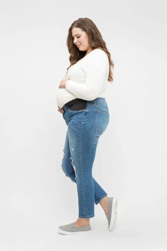 Women's distressed Denim Blue Plus Size under the bump slim leg cropped maternity jeans