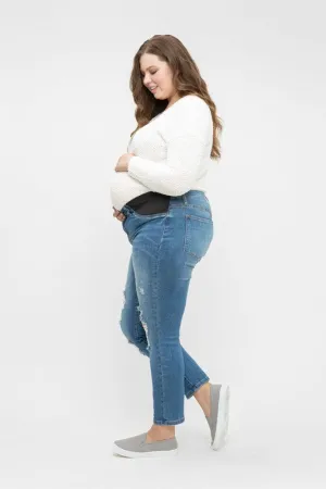 Women's distressed Denim Blue Plus Size under the bump slim leg cropped maternity jeans
